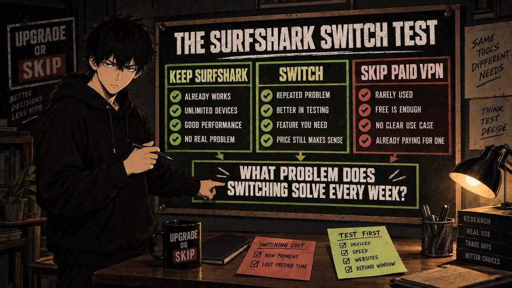 Surfshark switch test showing when to keep Surfshark, switch VPNs, or skip a paid VPN