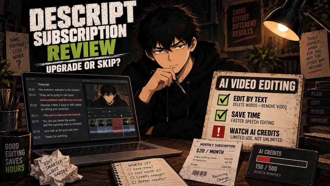 Skip reviewing transcript-based AI video editing, subscription cost, and AI credit limits for a Descript review.