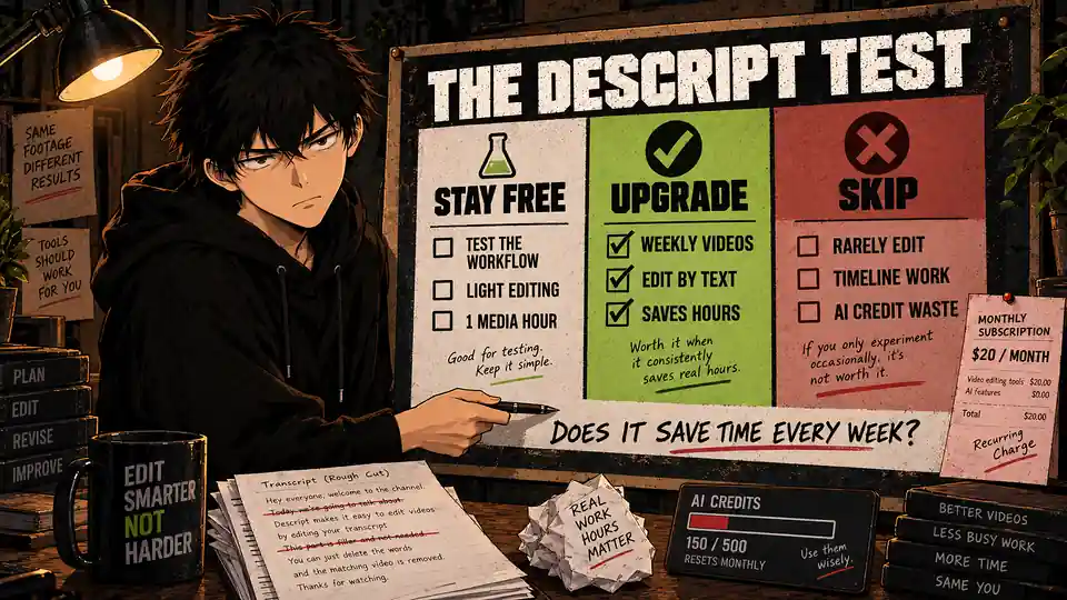 Skip using the Descript Test to decide whether to stay free, upgrade, or skip the AI video editing subscription.
