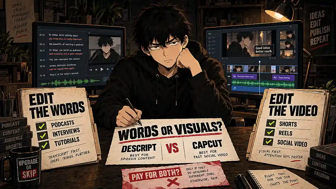 Skip comparing Descript-style transcript editing with CapCut-style visual video editing for podcasts, tutorials, Shorts, and social video.
