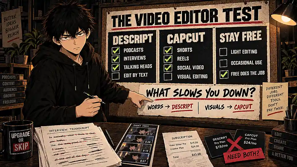 Skip using the Video Editor Test to choose Descript for transcript editing, CapCut for visual social editing, or staying free.