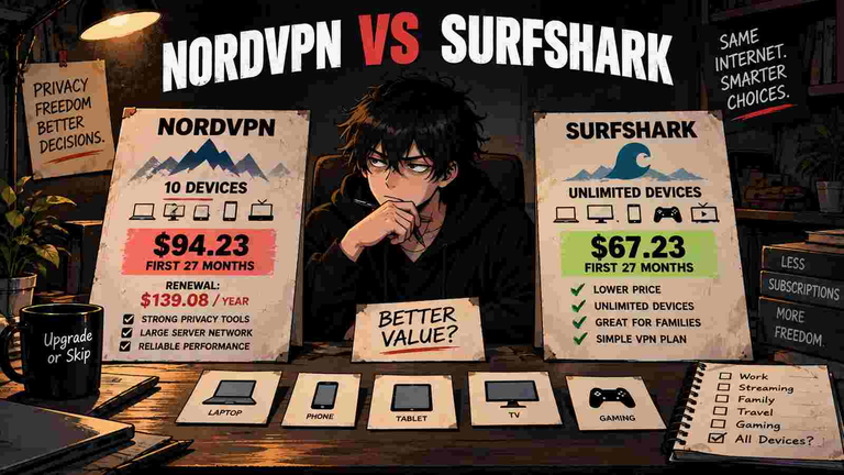 Skip comparing NordVPN and Surfshark pricing, device limits, and subscription value for a 2026 VPN purchase decision.