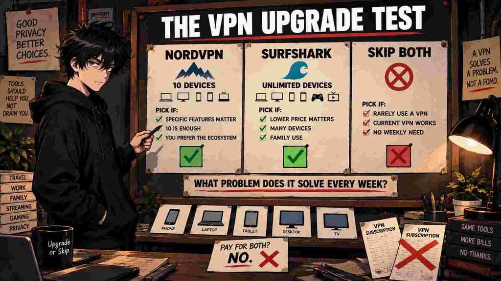 Skip using the VPN Upgrade Test to choose NordVPN, Surfshark, or skip both based on device limits, price, and actual VPN needs.Add Post
