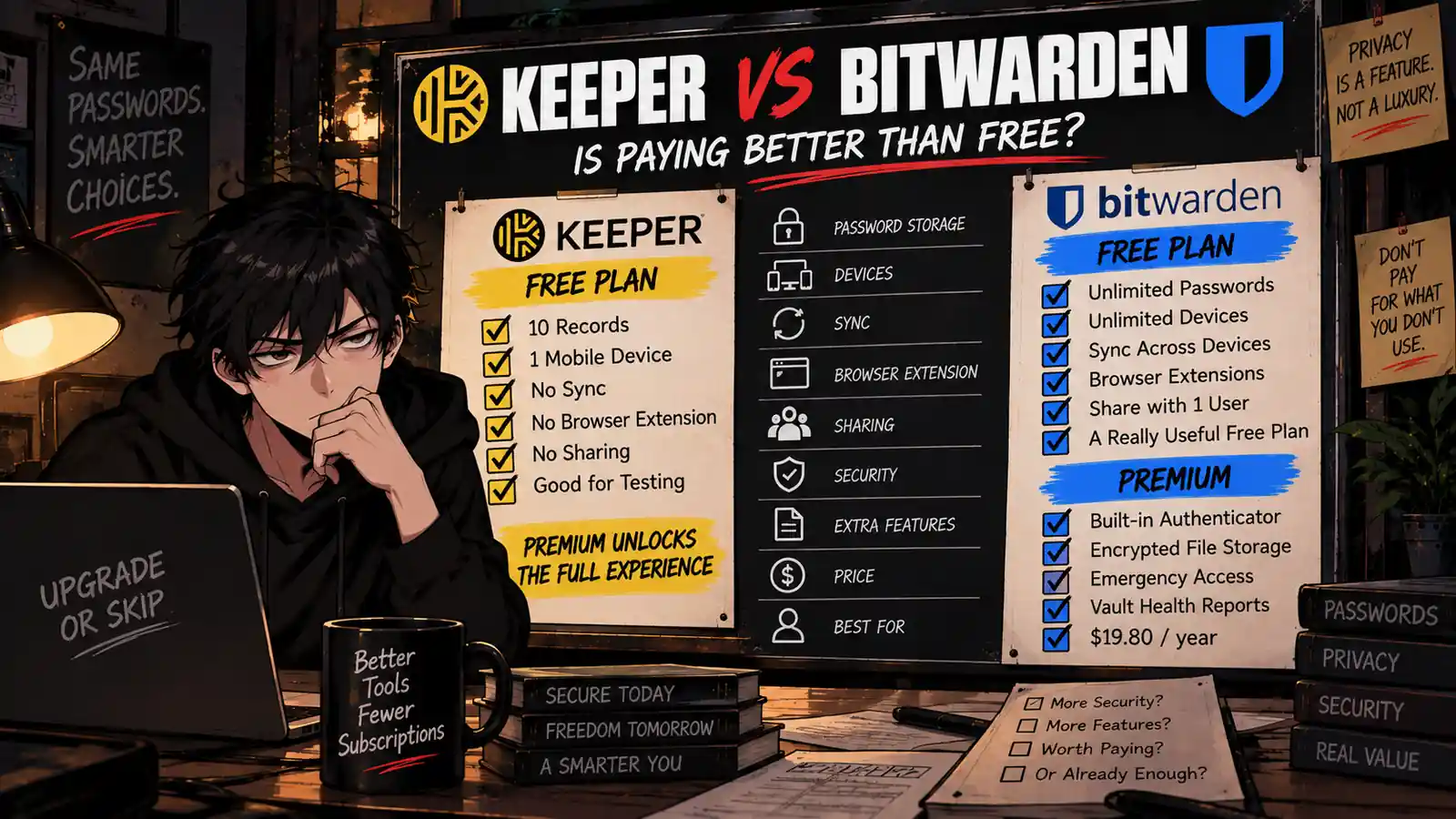 Keeper vs Bitwarden free vs paid password manager comparison 2026