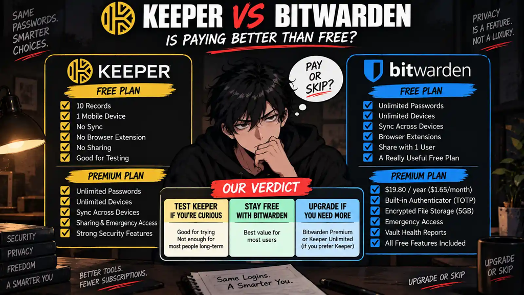 Keeper vs Bitwarden free vs paid password manager decision guide 2026