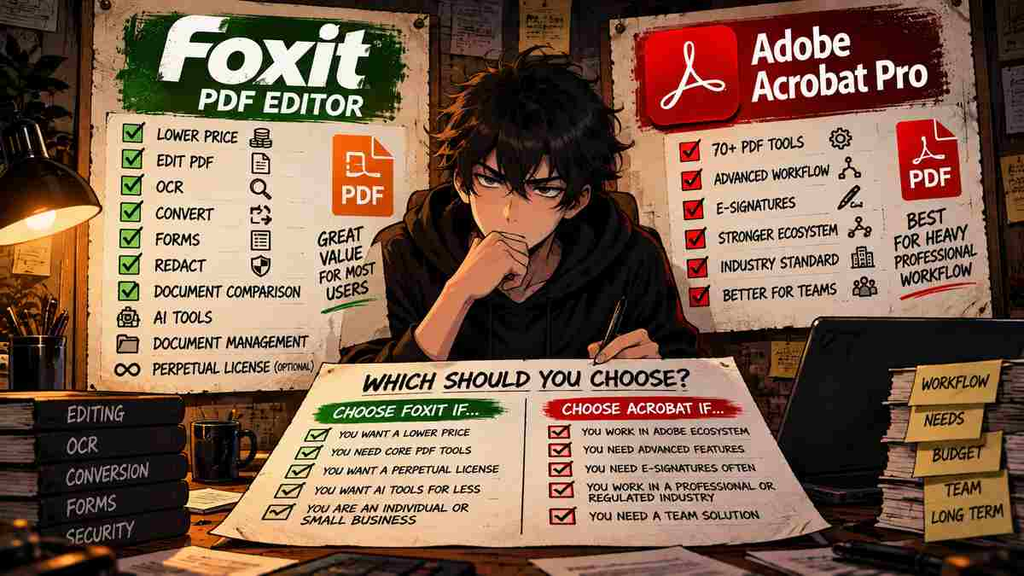 Foxit PDF Editor vs Adobe Acrobat Pro decision guide comparing professional workflow and value