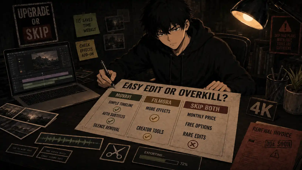Skip compares Movavi’s simple editing workflow with Filmora’s creator tools and free alternatives for occasional video editing.
