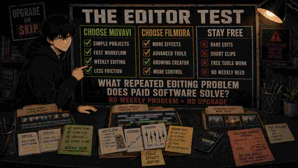Skip compares Movavi, Filmora, and free video editors using a practical weekly editing decision test.