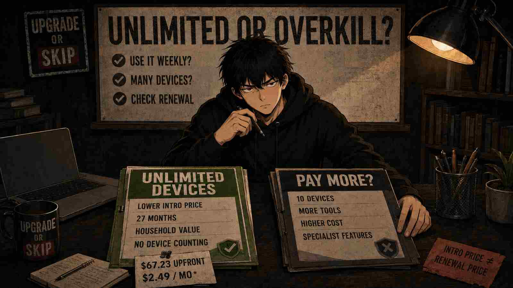 Skip comparing unlimited-device VPN value, upfront cost, and renewal risk in a Surfshark review