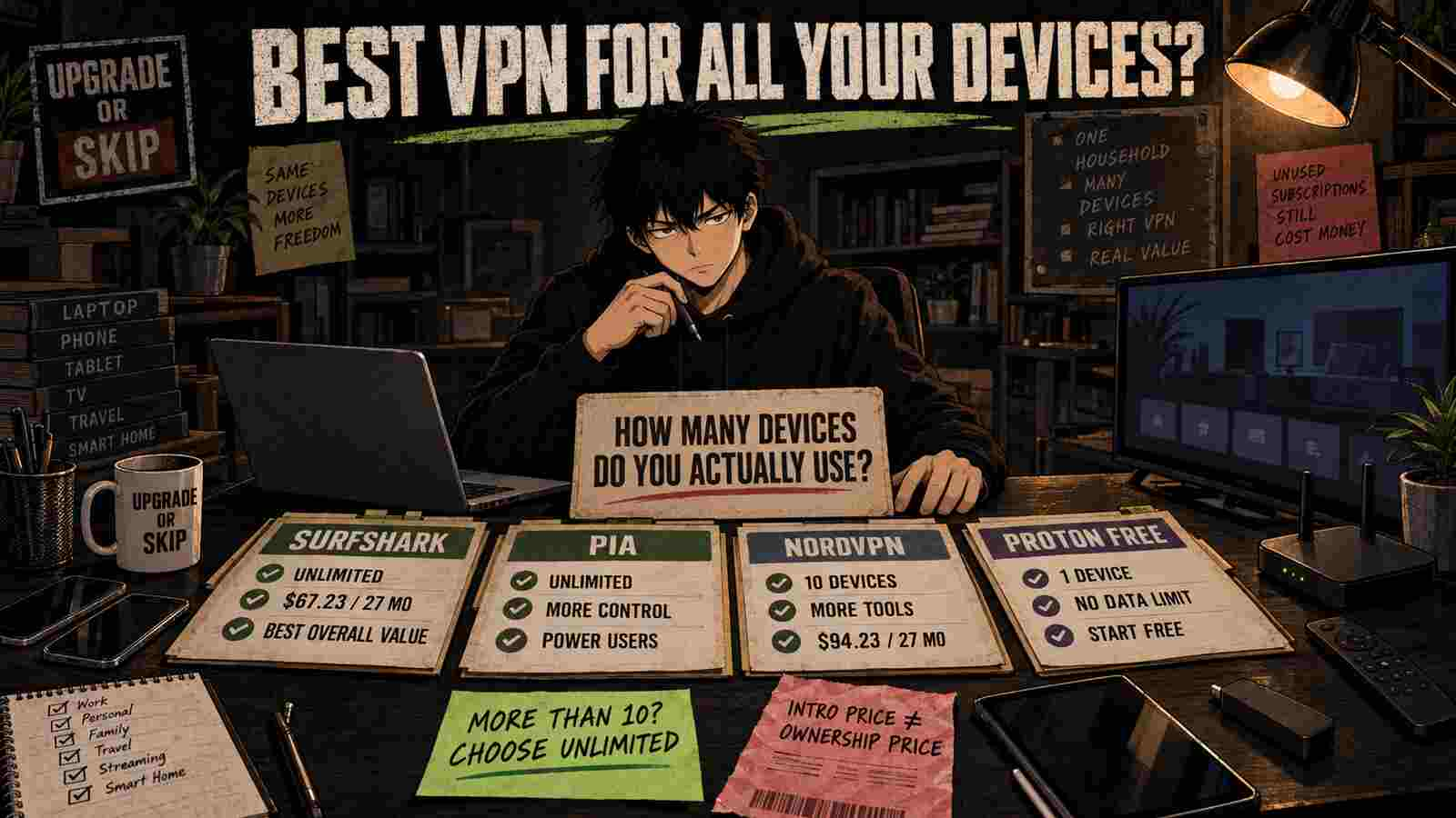 Skip compares Surfshark, PIA, NordVPN, and Proton Free to find the best VPN for multiple household devices.
