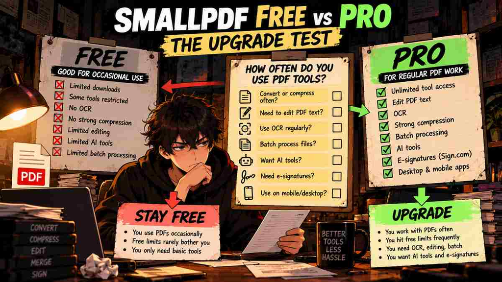 Smallpdf Free vs Pro decision guide based on PDF usage, OCR, batch processing, and free plan limits