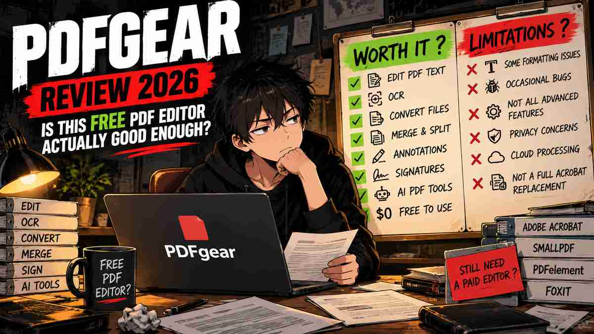 PDFgear Review 2026 showing free PDF editing features, OCR, conversion tools, and limitations compared with paid PDF editors
