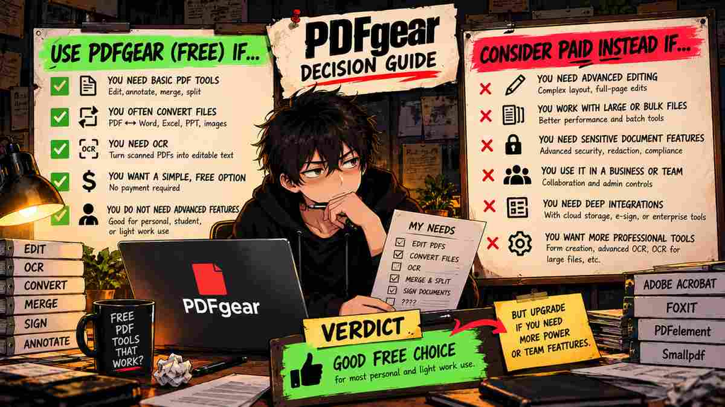 PDFgear decision guide showing when to use the free PDF editor and when to choose a paid PDF editor
